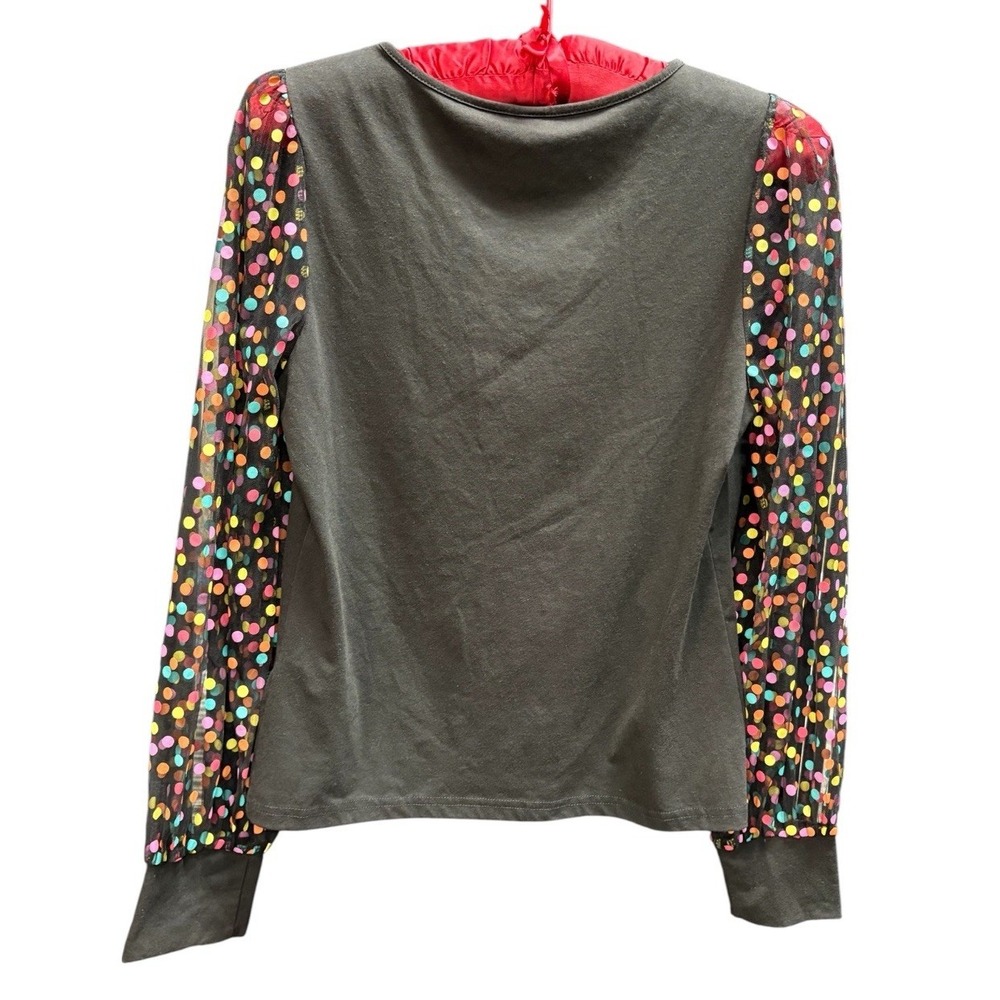 Shein Top Womens XL Black V Neck Colorful Polka Dot Sleeve Blouse - Picture 4 of 9
